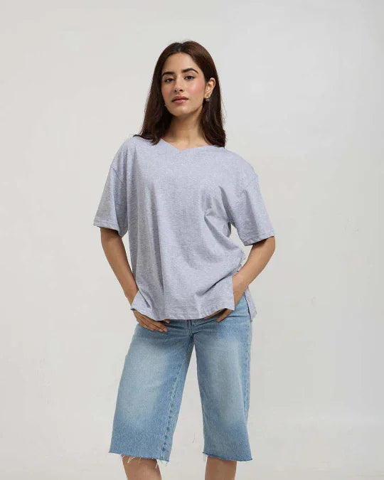 Grey Melange Plain V-Neck Oversized T-Shirt by DKY – light grey, relaxed oversized tee with plain design, worn by model