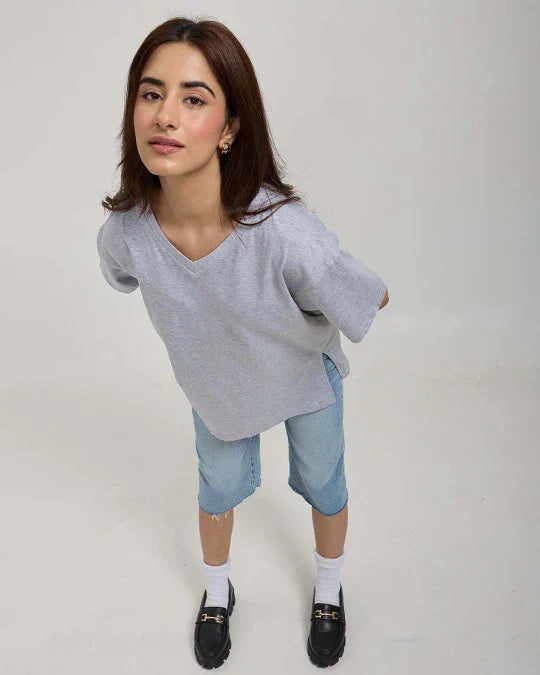 Grey Melange Plain V-Neck Oversized T-Shirt for Women Online In India | DKY