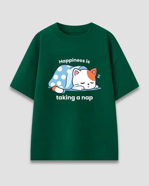 Happy Nap Oversized T-Shirt – green tee with a sleeping cat under blue polka-dot blanket and Happiness is taking a nap