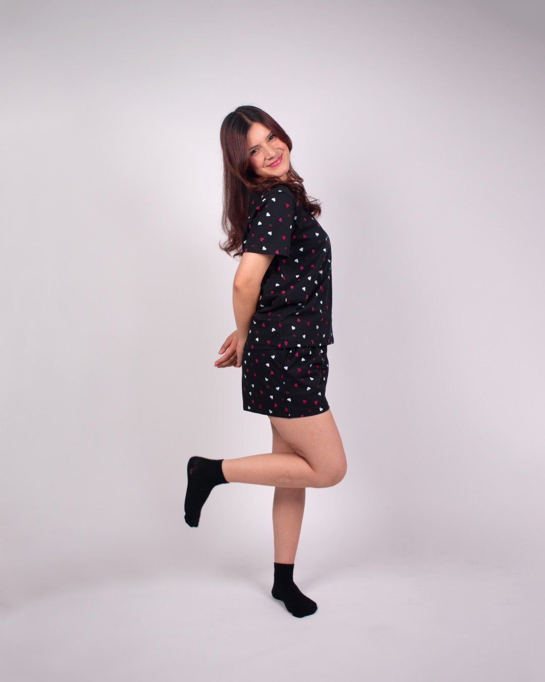 Heart Cotton Shorts Set – black heart-print short-sleeve top with matching shorts, worn by model.
