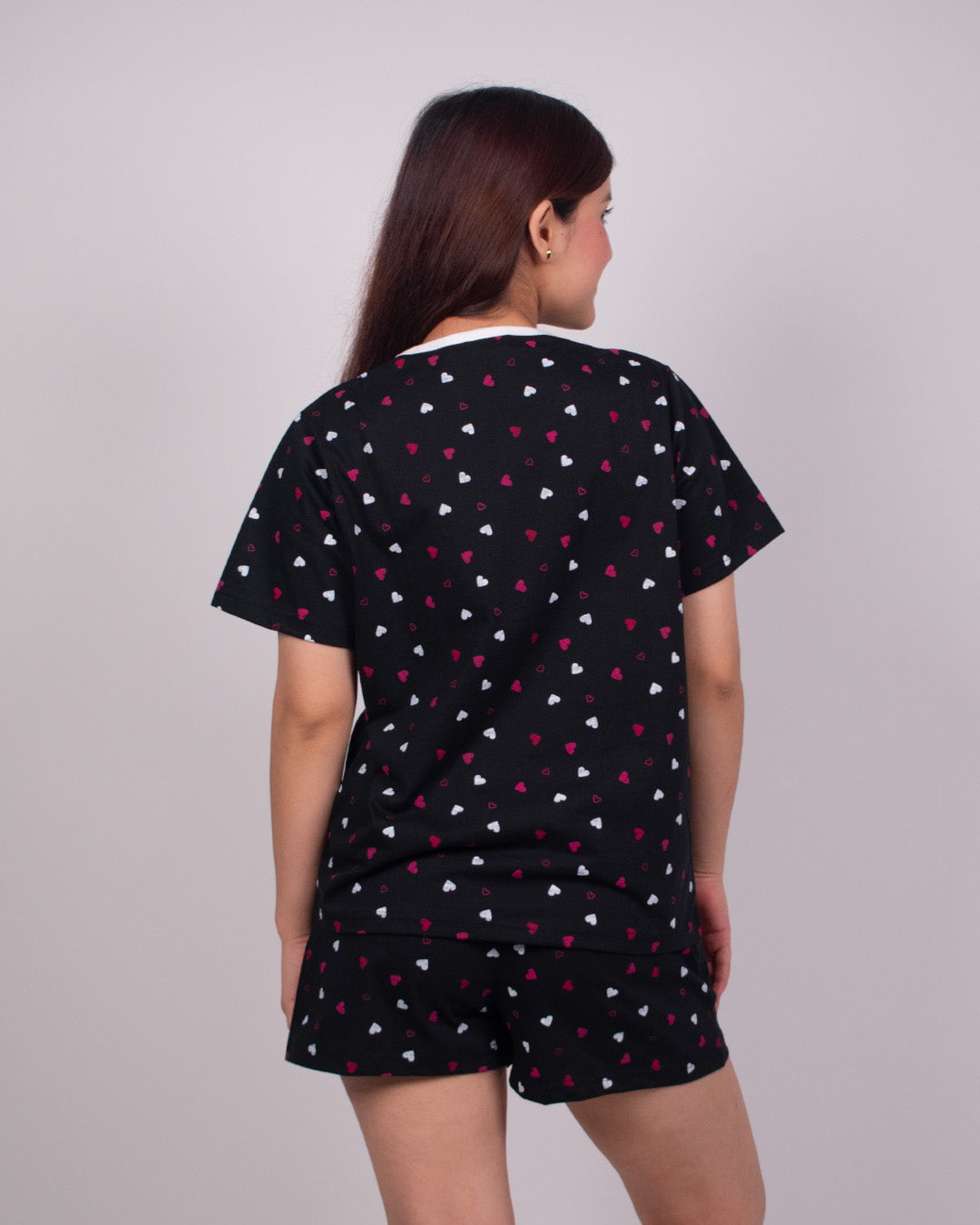 Heart Cotton Shorts Set by DKY - black with white and pink hearts, relaxed fit top and shorts, worn by model