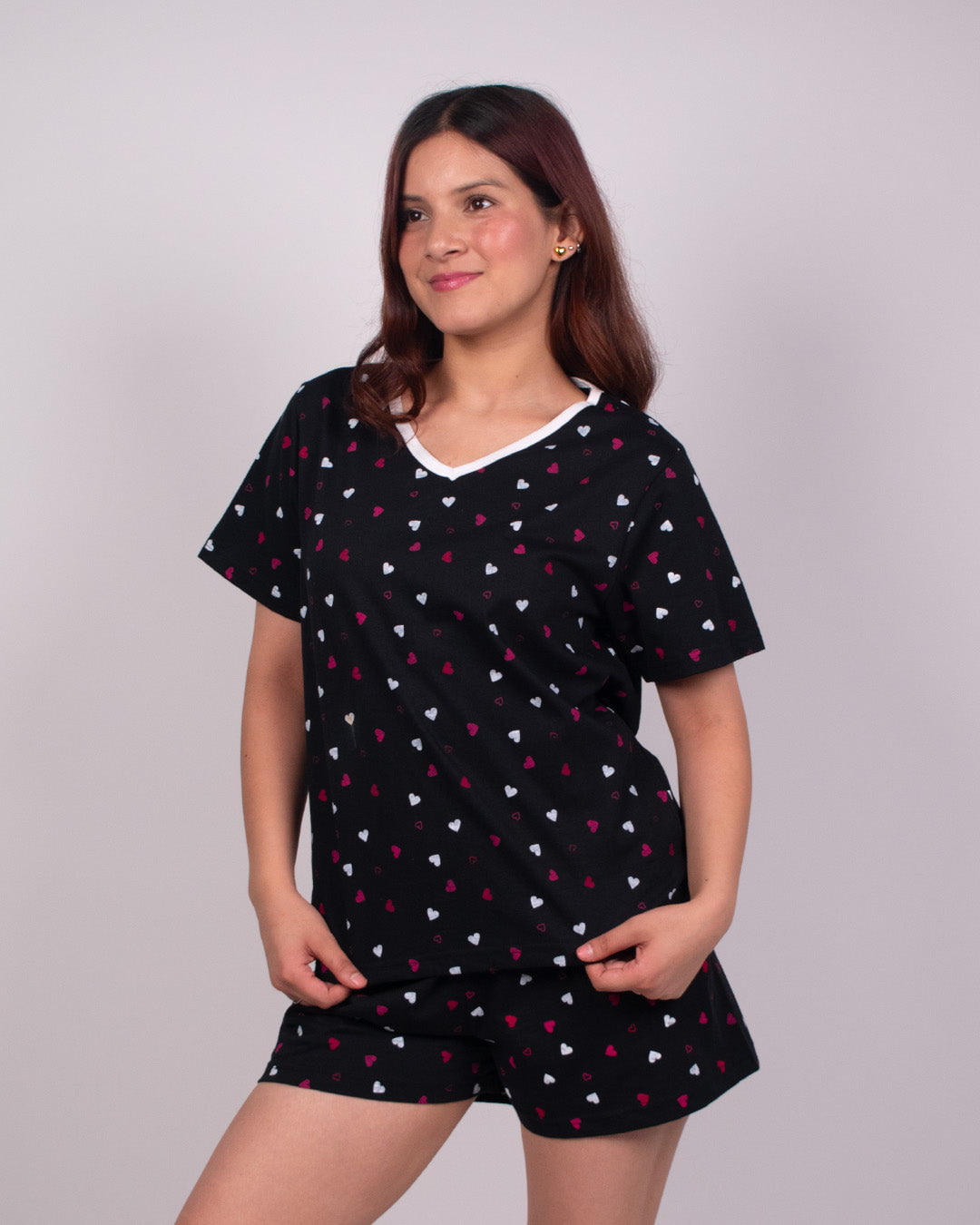 Heart Cotton Shorts Set – black with white and pink heart prints, relaxed top and matching shorts, worn by model