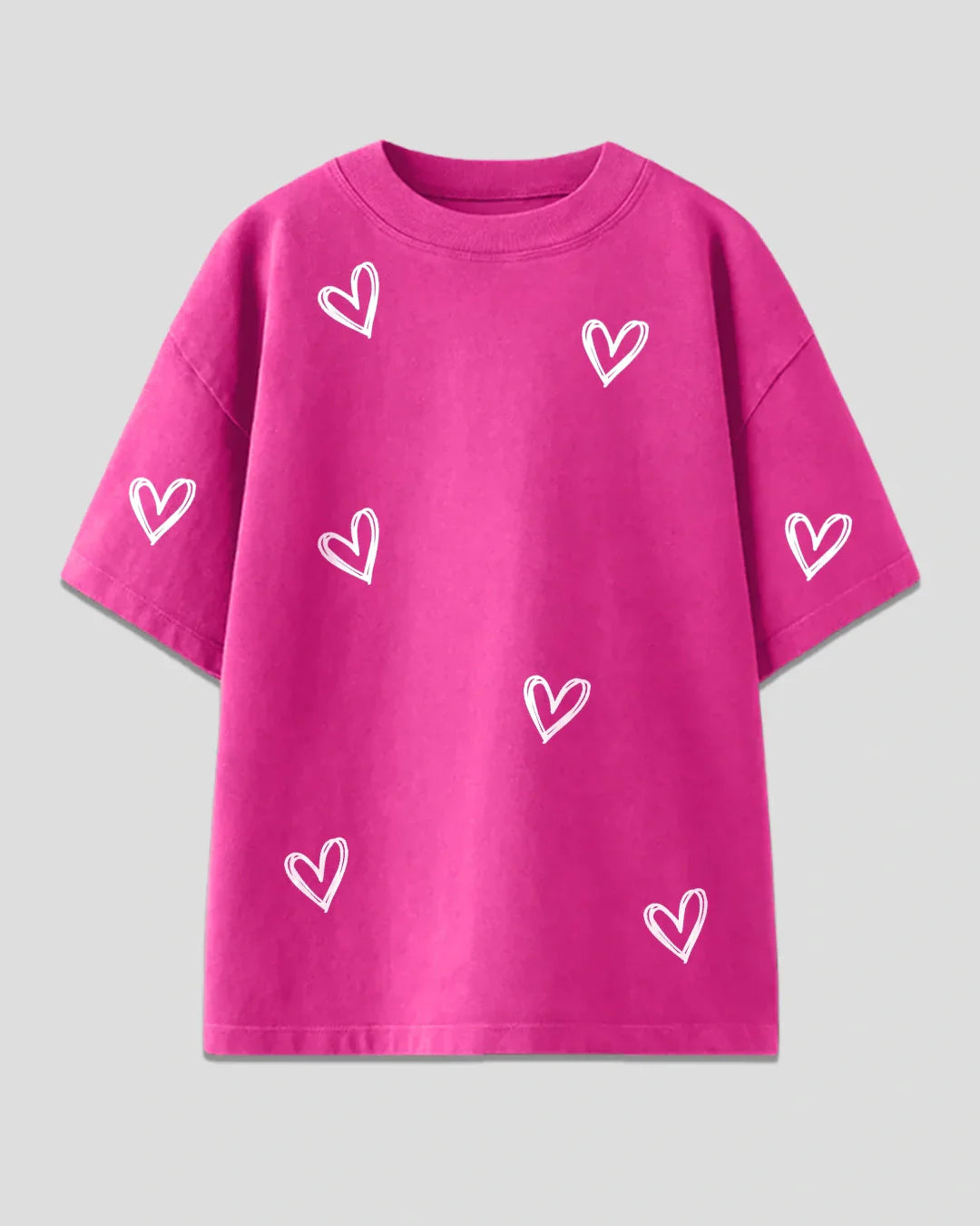 Hot Pink Lover Oversized T-Shirt by DKY – hot pink oversized graphic tee with white heart prints, shown flat lay