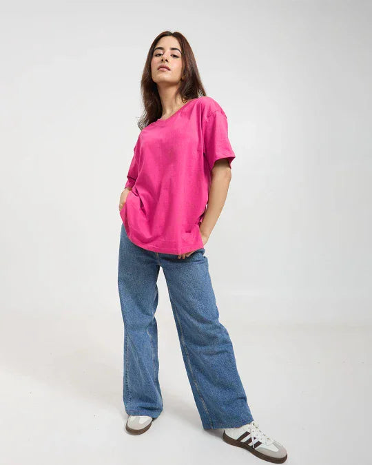 Hot Pink Plain V-Neck Oversized T-Shirt – hot pink oversized tee with plain design, worn by model