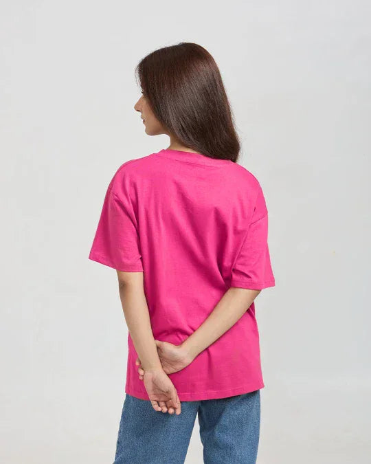 Hot Pink Plain V-Neck Oversized T-Shirt – loose-fit, short-sleeve tee shown from the back on a model.