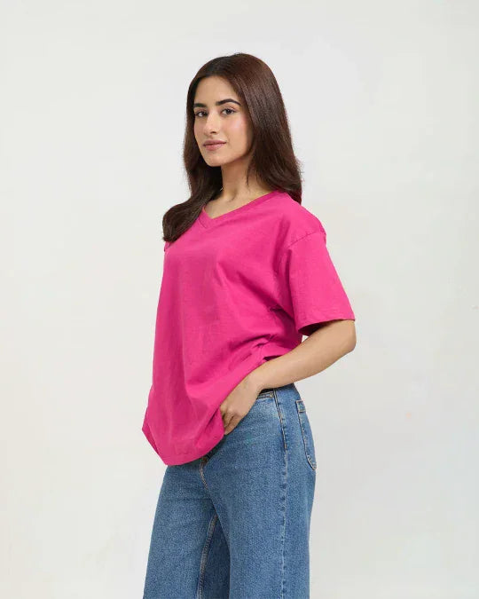 Hot Pink Plain V-Neck Oversized T-Shirt – pink, oversized plain tee worn by model
