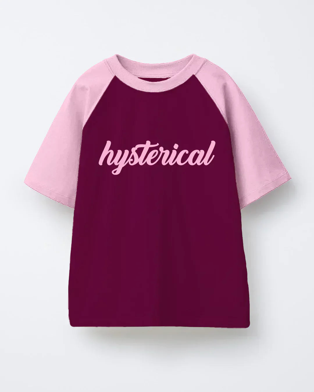 Hysterical Raglan Oversized T-Shirt – burgundy body with pink raglan sleeves and pink hysterical script, flat lay