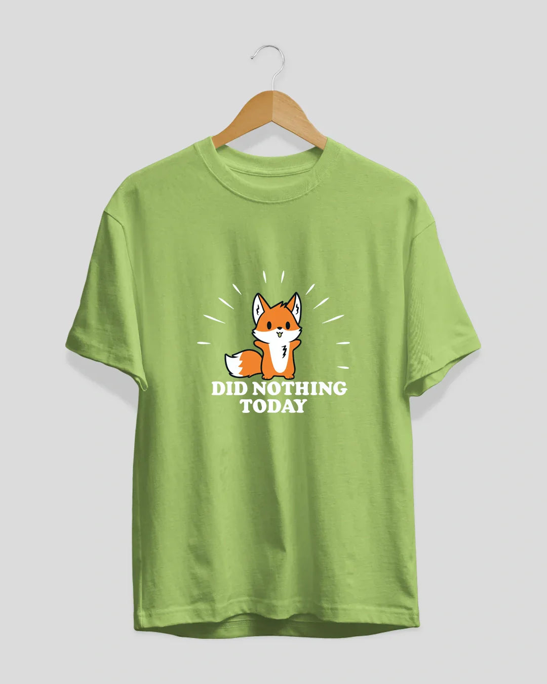 I Did Nothing Today T-Shirt by DKY – lime green regular tee with an orange fox graphic, displayed on a hanger