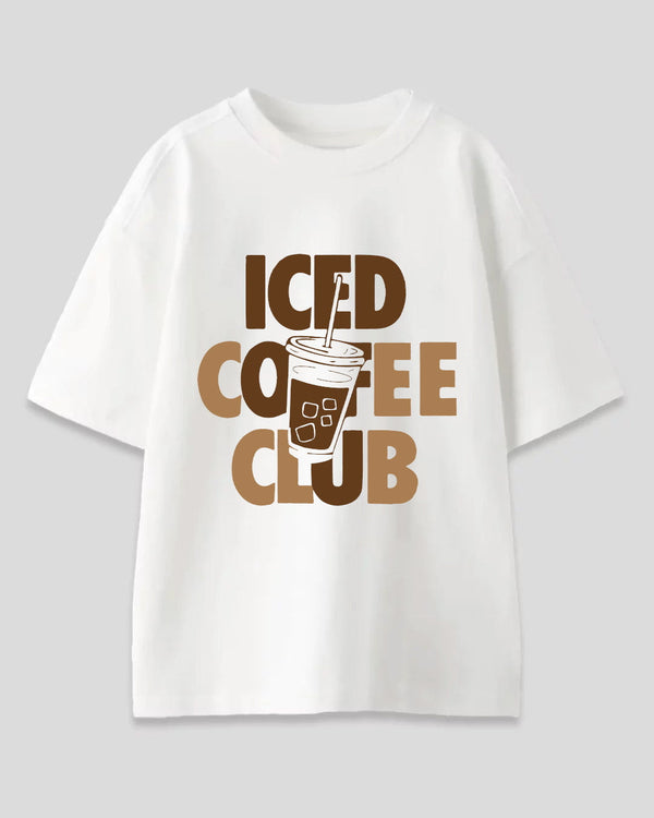 Ice Coffee Club Oversized T-Shirt - white with brown iced coffee cup graphic and bold text, DKY.