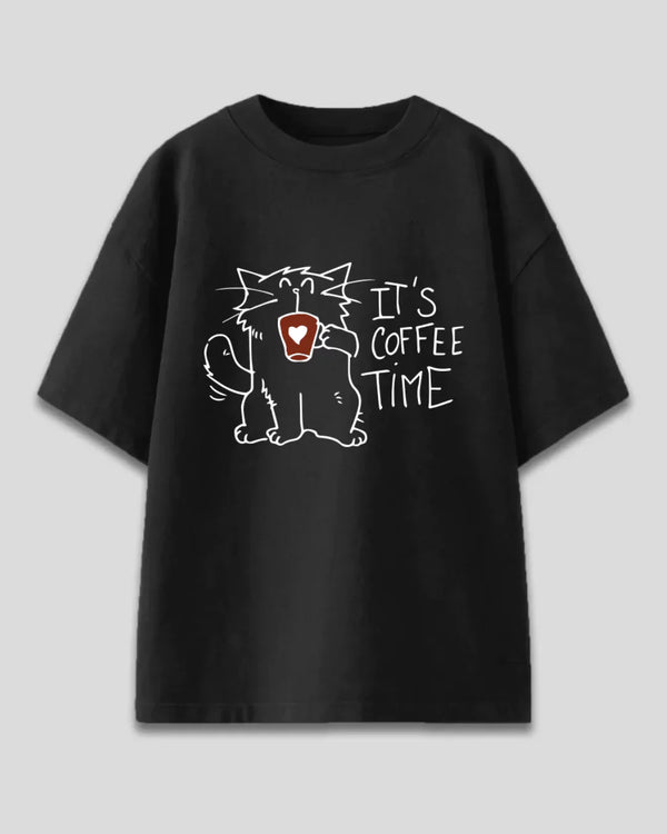 Its Coffee Time Oversized T-Shirt - black tee with white cat holding a coffee mug and text It's Coffee Time, shown flat