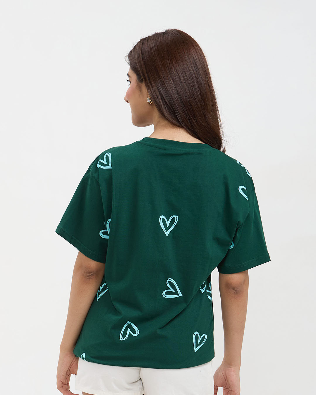 Jade Lover Oversized T-Shirt emerald green with light-blue heart outlines, relaxed fit, worn by model.