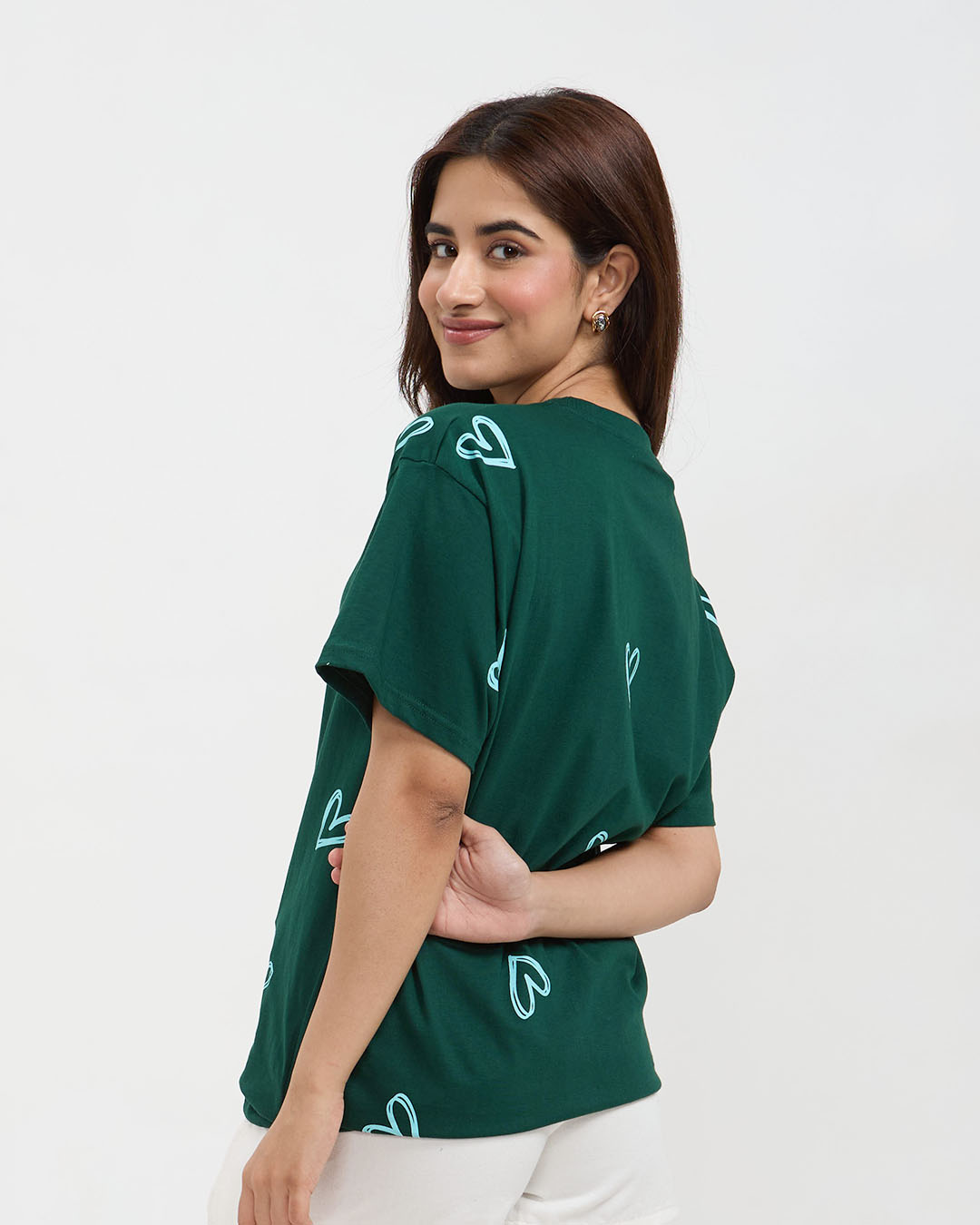 Jade Lover Oversized T-Shirt – dark green graphic tee with light blue heart prints, worn by model