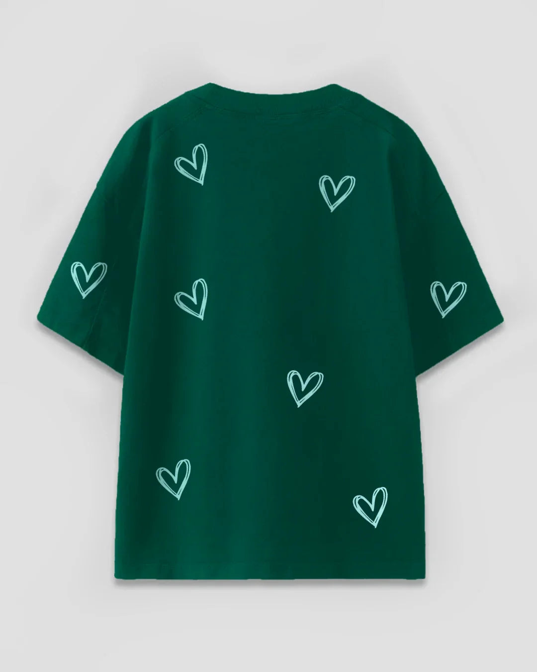 Jade Lover Oversized T-Shirt – green OS graphic tee with white heart prints, flat lay