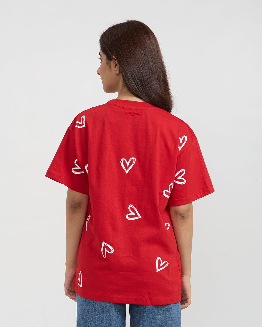Juliet Oversized T-Shirt - red, oversized fit with white heart prints, worn by model