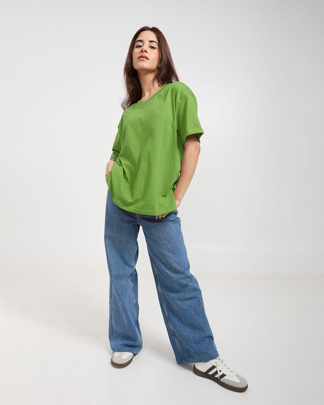 Kiwi Green Plain V-Neck Oversize T-Shirt - green oversized V-neck tee with plain design, worn by model