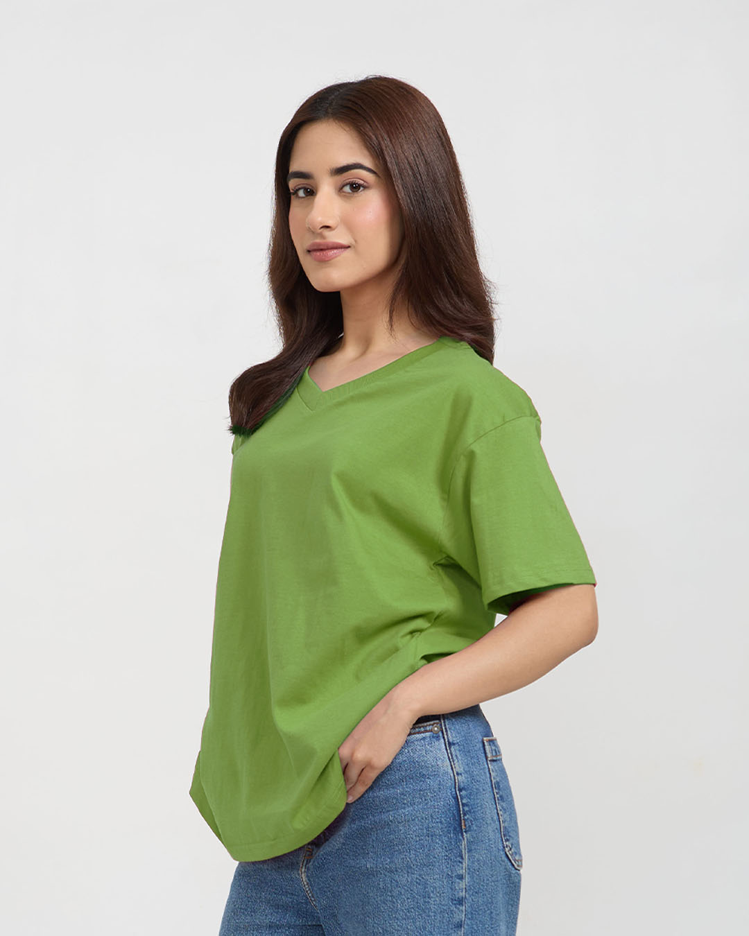 Kiwi Green Plain V-Neck Oversize T-Shirt – green oversized V-neck top worn by model
