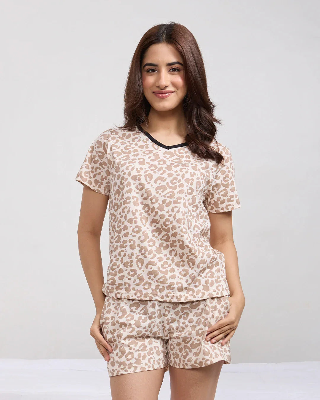 Lazy Leopard Cotton Shorts Set – beige leopard print lounge set with short-sleeve top and shorts, worn by model