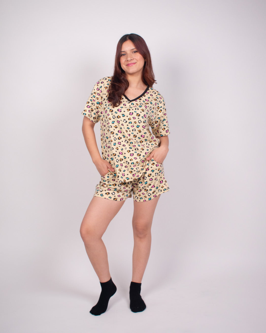 Leopard Print Cotton Shorts Set by DKY in beige leopard pattern, relaxed fit top with matching shorts worn by model