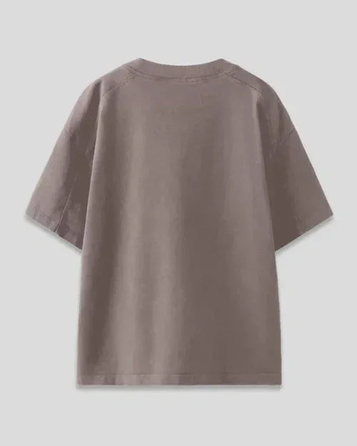 Life Happens Chai Helps Oversized T-Shirt – taupe, oversized plain tee shown from back.