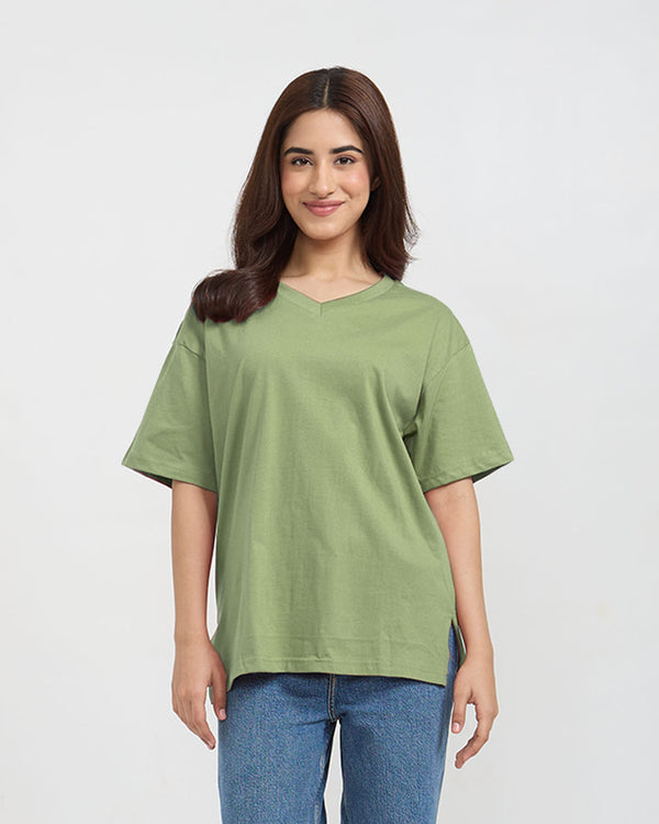Light Green Plain V-Neck Oversize T-Shirt for Women Online In India | DKY