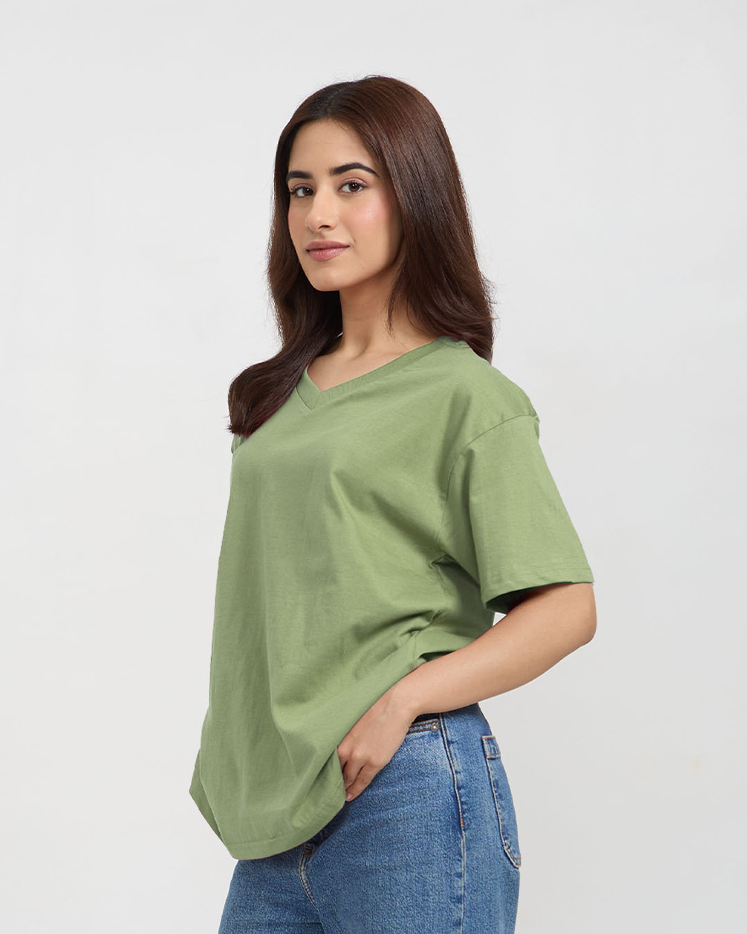 Light Green Plain V-Neck Oversize T-Shirt