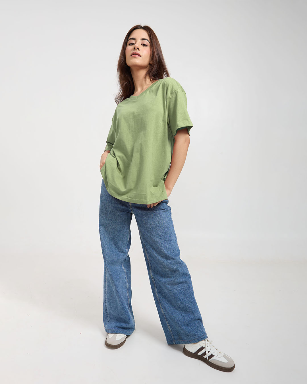 Light Green Plain V-Neck Oversize T-Shirt
