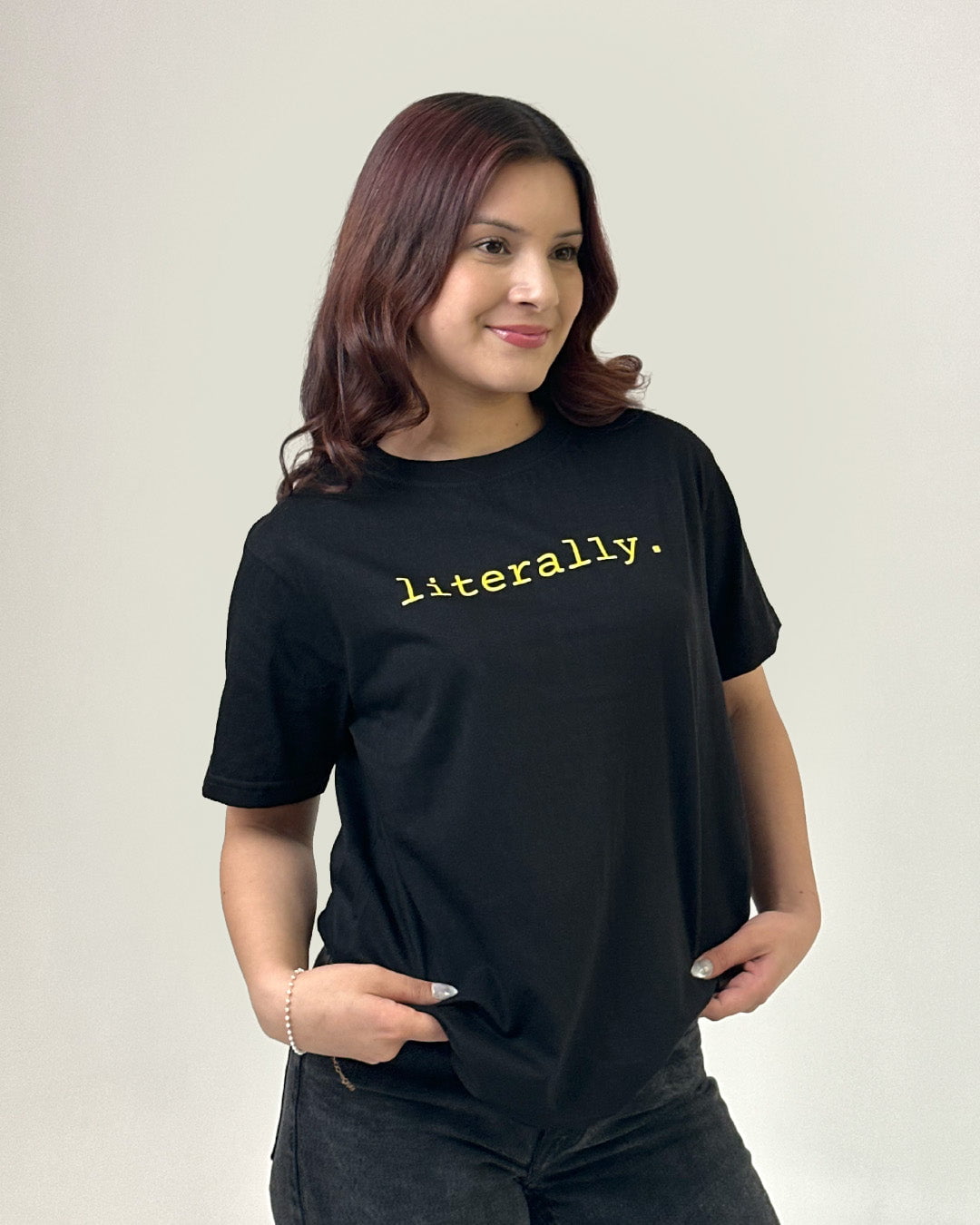 Literally T-Shirt - black regular tee with yellow 'literally.' graphic, DKY brand, worn by model