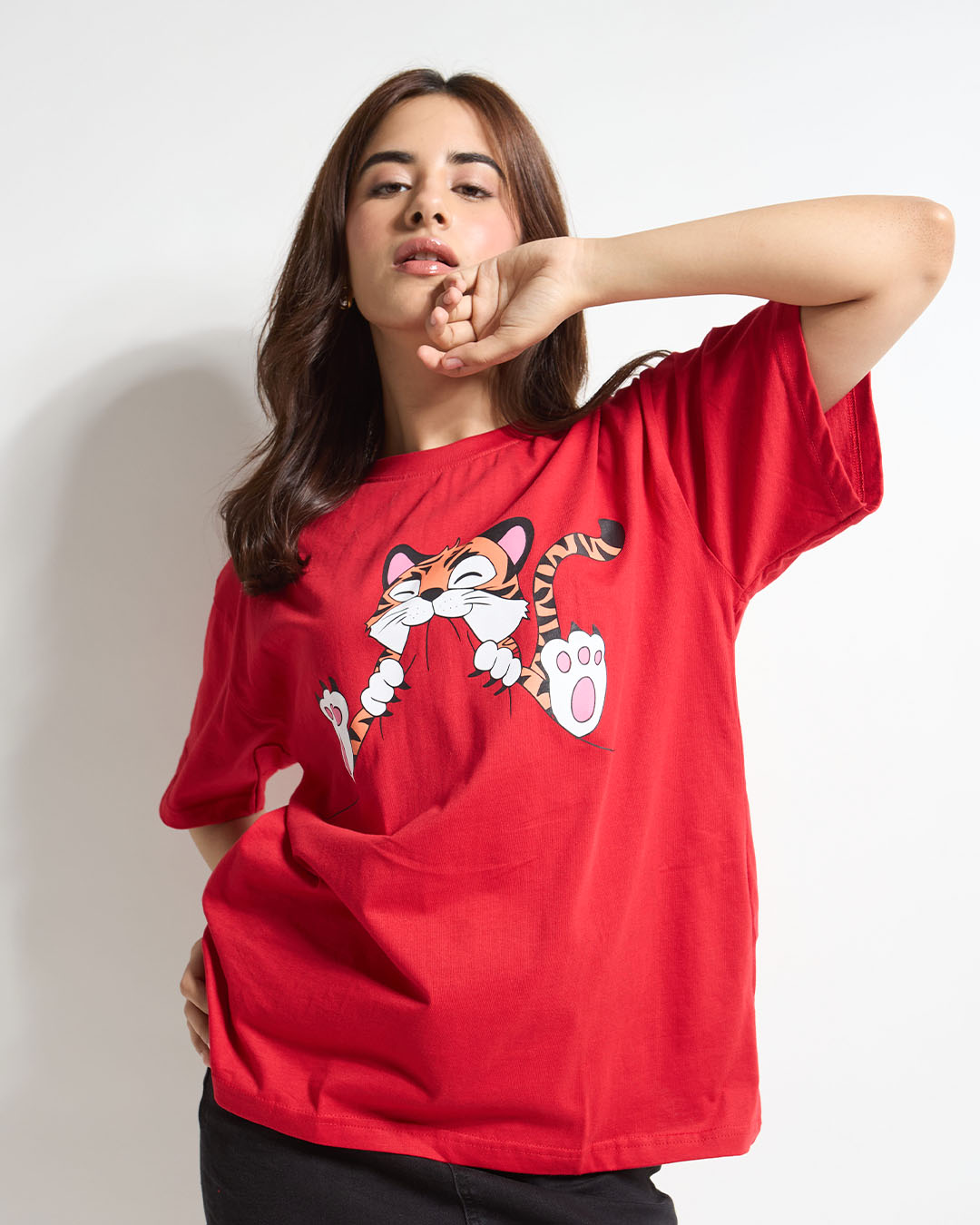 Little Happy Little Hungry Oversized T-Shirt - red with tiger graphic, worn by model