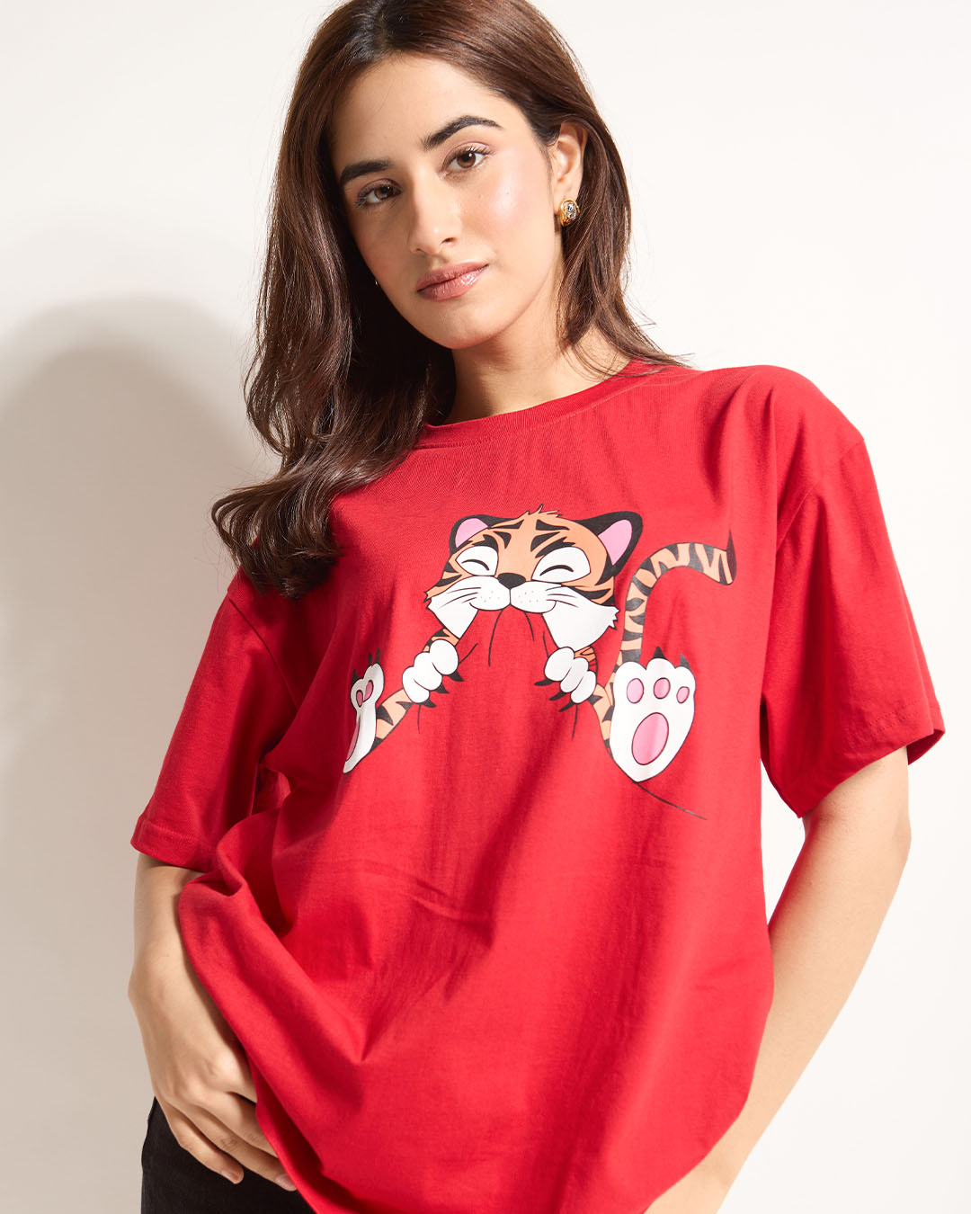 Little Happy Little Hungry Oversized T-Shirt – red tiger graphic tee, worn by model