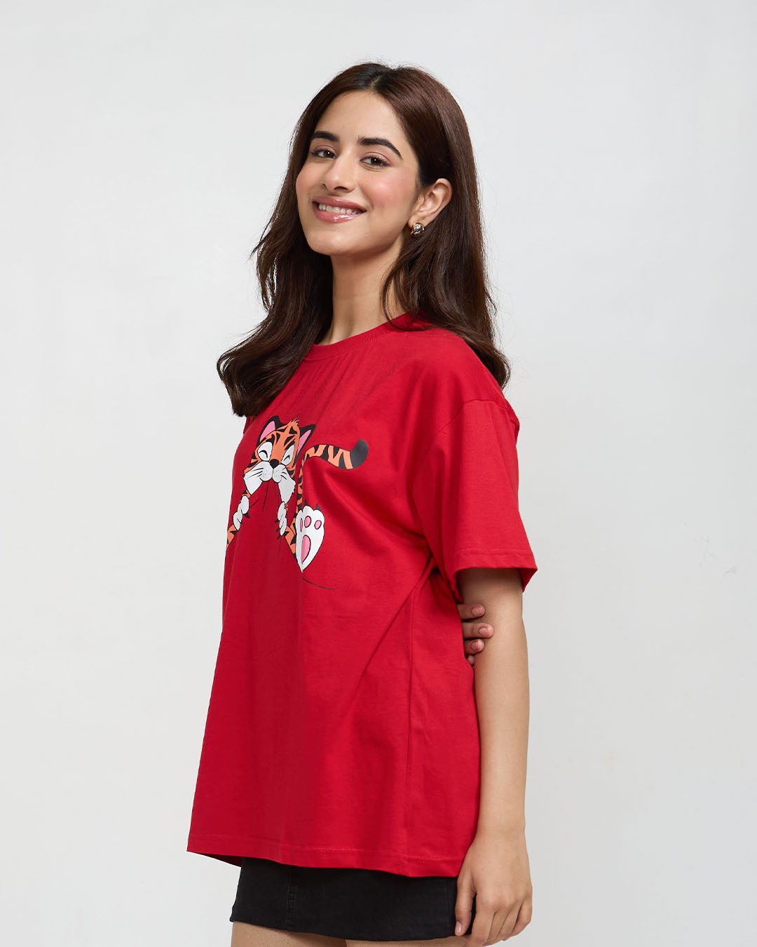 Little Happy Little Hungry Oversized T-Shirt – red oversized tee with tiger graphic, worn by model