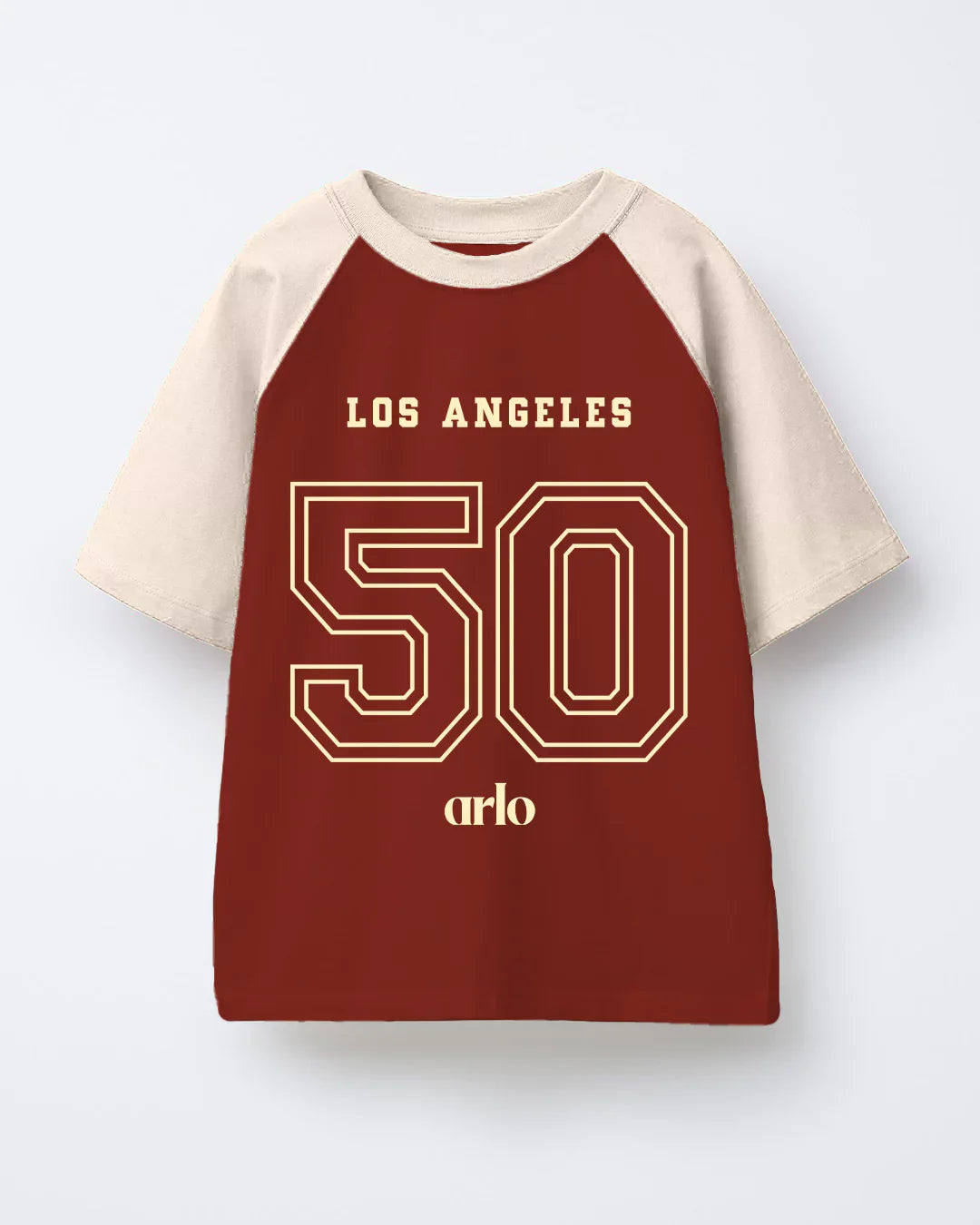 Los Angeles Raglan Oversized T-Shirt – burgundy body with cream sleeves, large cream outlined 50 on front, shown flat lay
