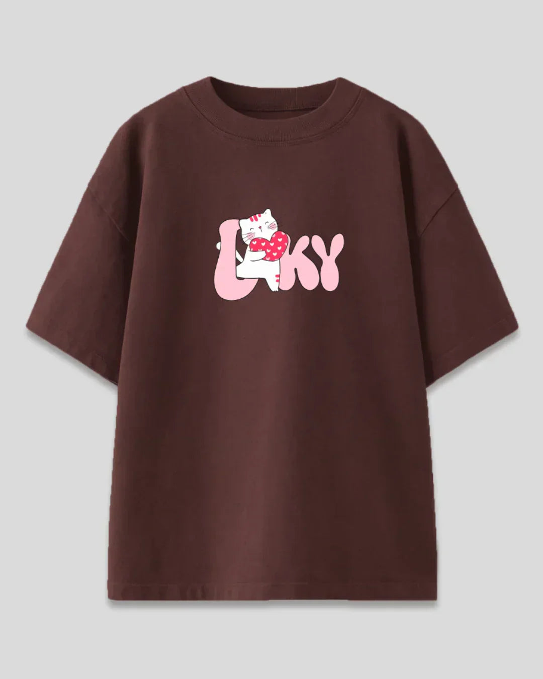 Lovey Oversized T-Shirt – brown graphic tee with a white cat hugging a red heart and pink DKY lettering