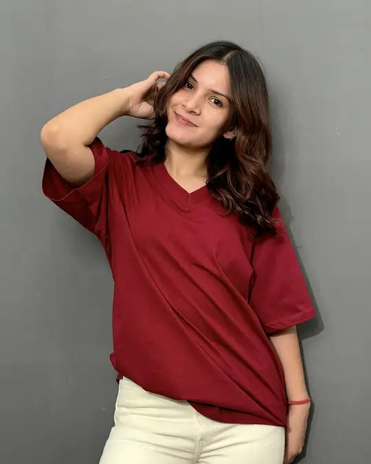 RB Maroon Plain V-Neck Oversize T-Shirt for Women Online In India | DKY