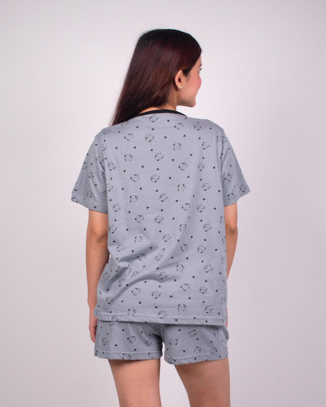Meow Mode Cotton Shorts Set – light gray relaxed-fit tee and matching shorts with cat print, worn by model