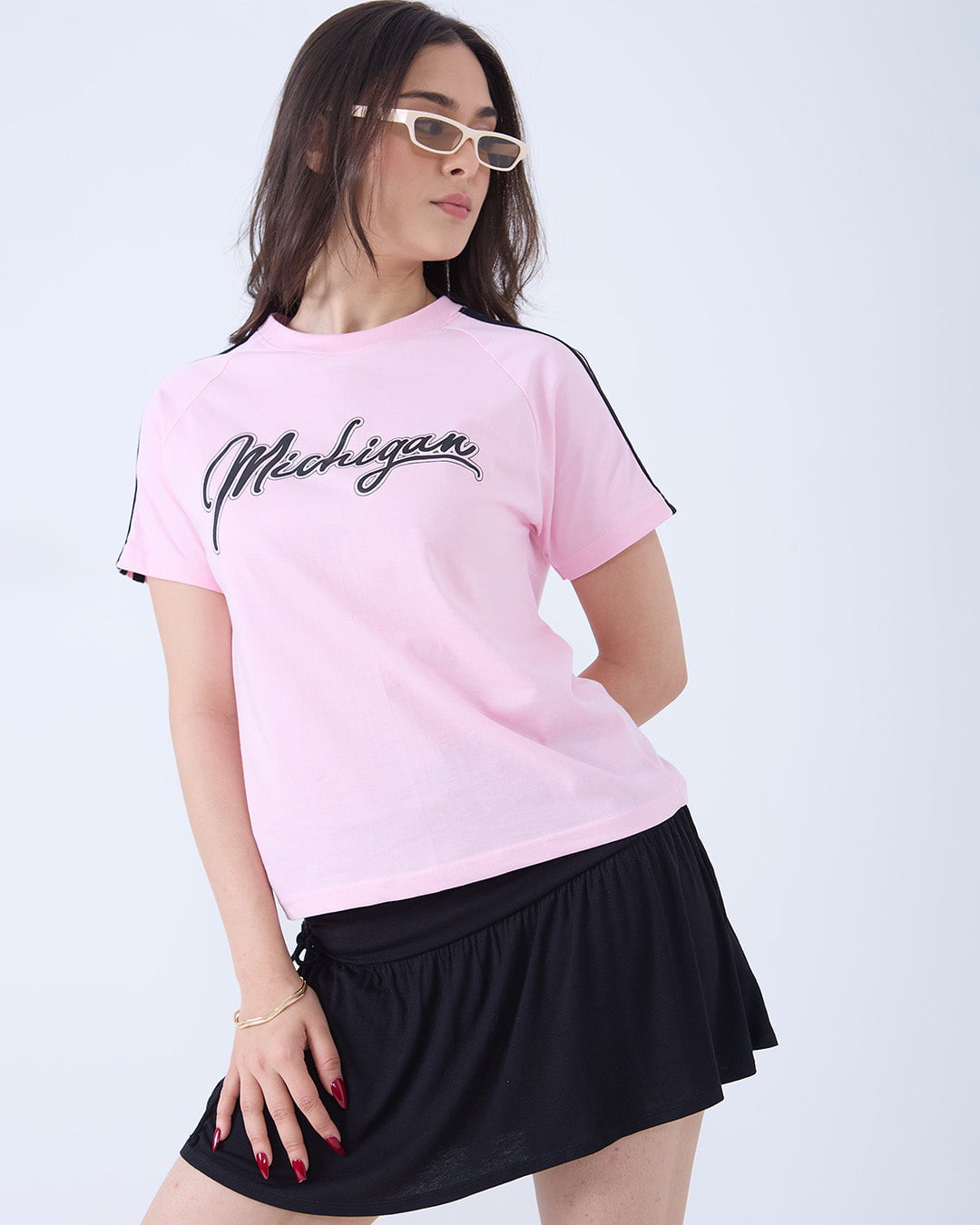 Michigan Curve T-Shirt pink regular tee with Michigan script graphic worn by model