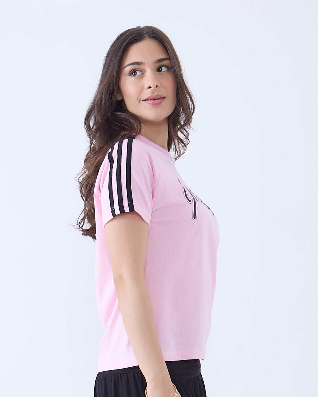 Michigan Curve T-Shirt - pink regular tee with black triple-stripe sleeves, worn by model