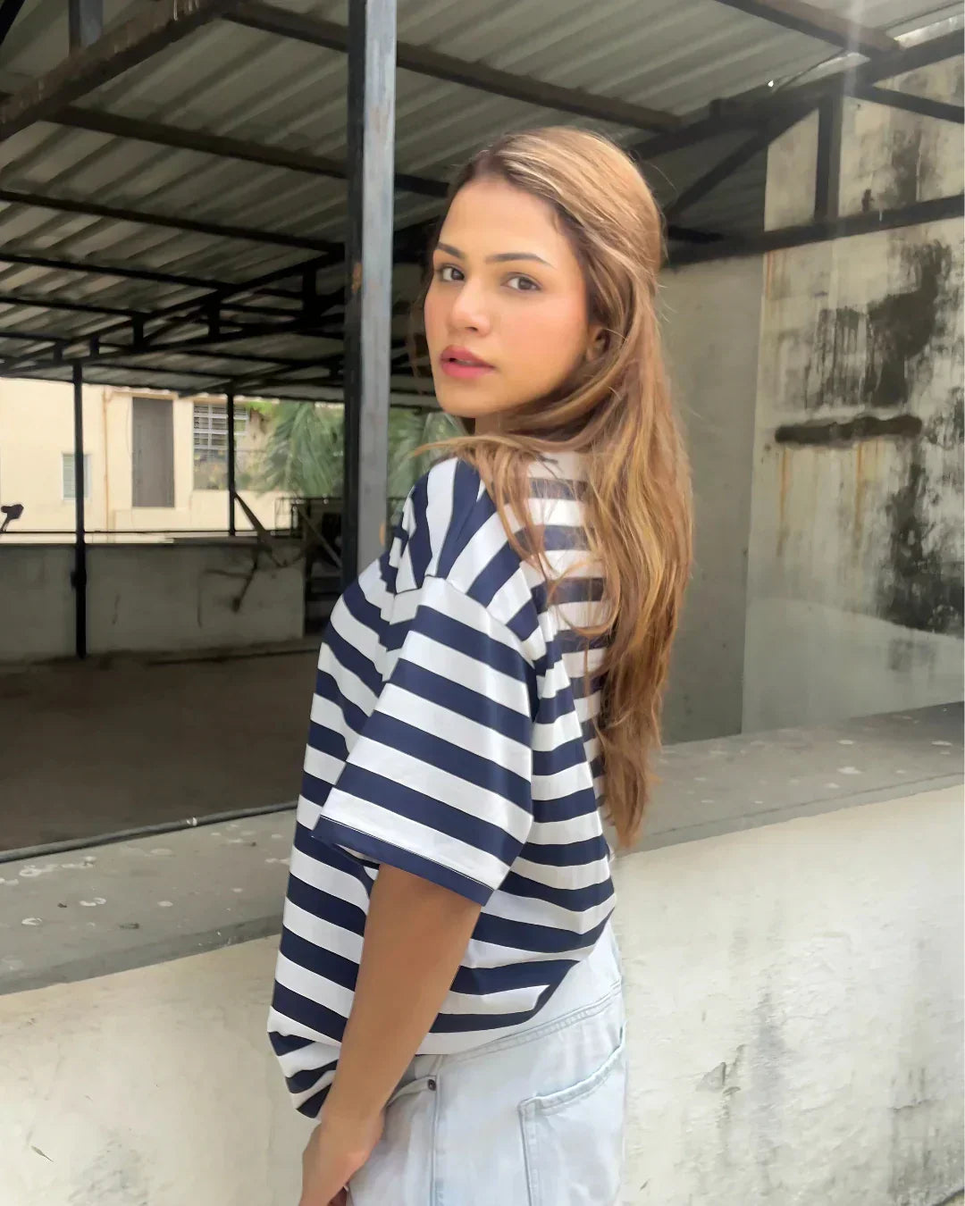 Midnight Stripe Oversized T-Shirt – navy and white stripes, short-sleeve DKY tee worn by model