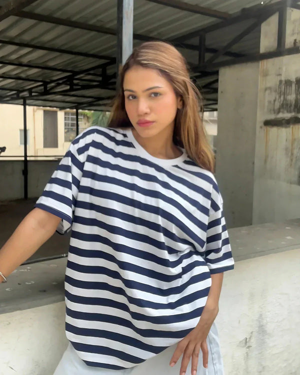 Midnight Stripe Oversized T-Shirt – navy and white stripes, oversized fit, DKY, 100% pure fabric, worn by model