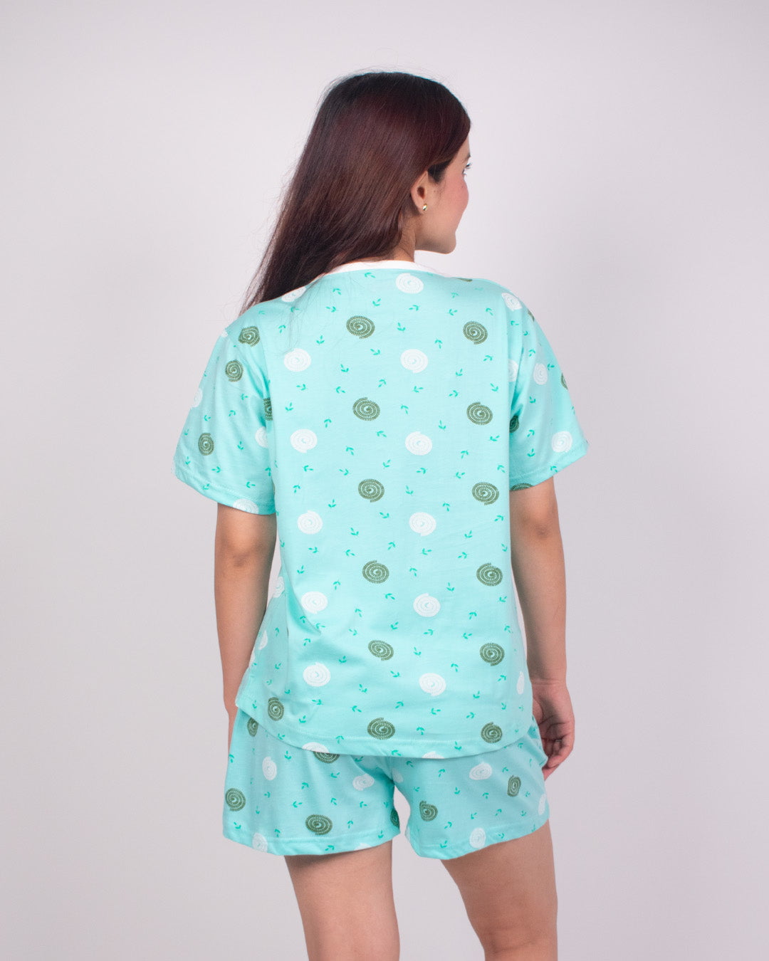 Mint Serenity Cotton Shorts Set - mint-green relaxed top and matching shorts with white and olive swirl prints, worn by model