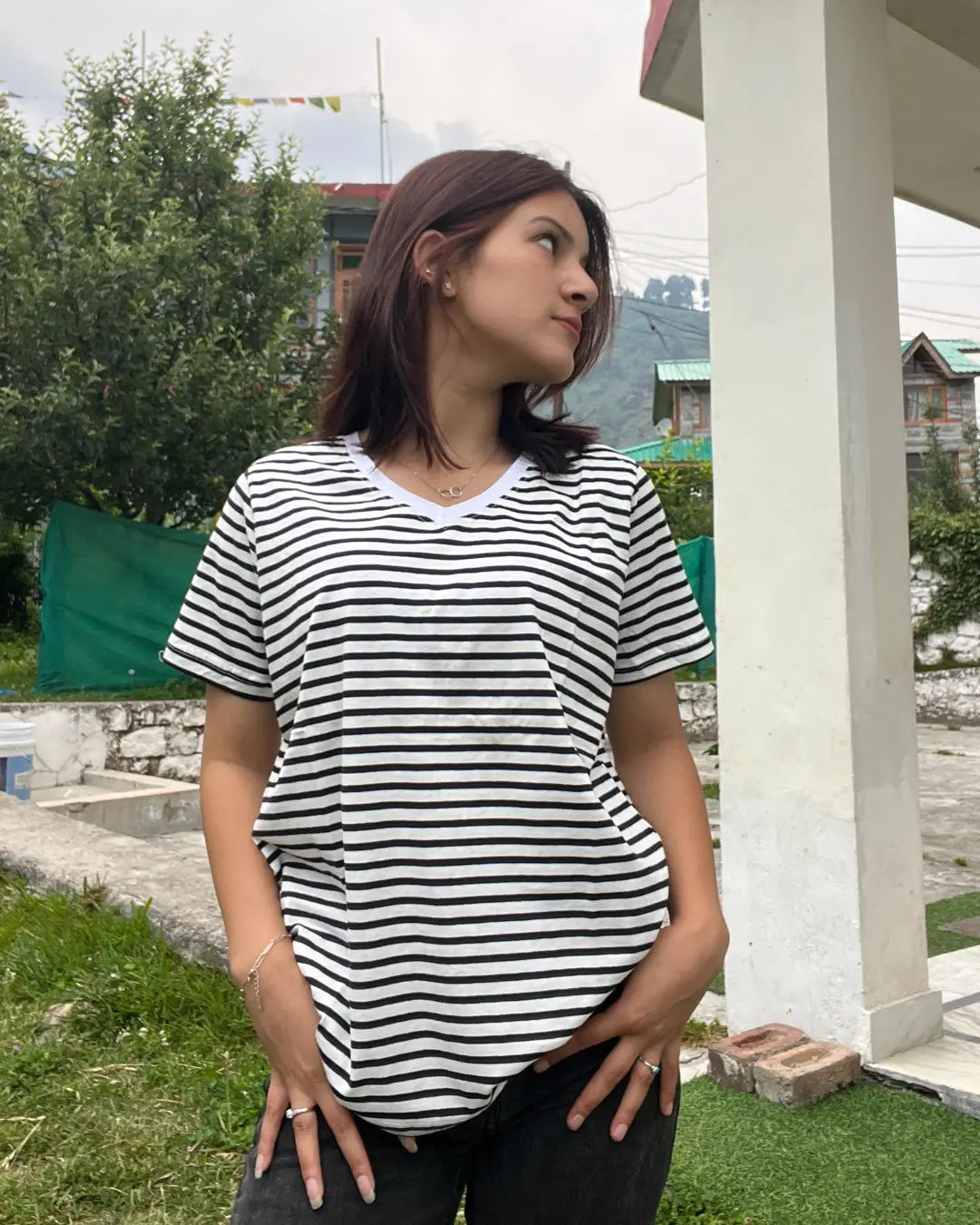 Monoline Stripe V-Neck T-Shirt - white with black stripes, relaxed fit V-neck tee with stripe pattern, worn by model