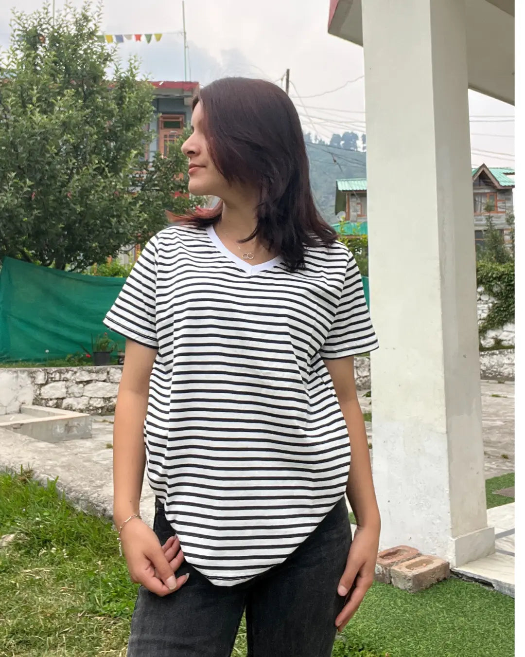 Monoline Stripe V-Neck T-Shirt for Women Online In India | Dky