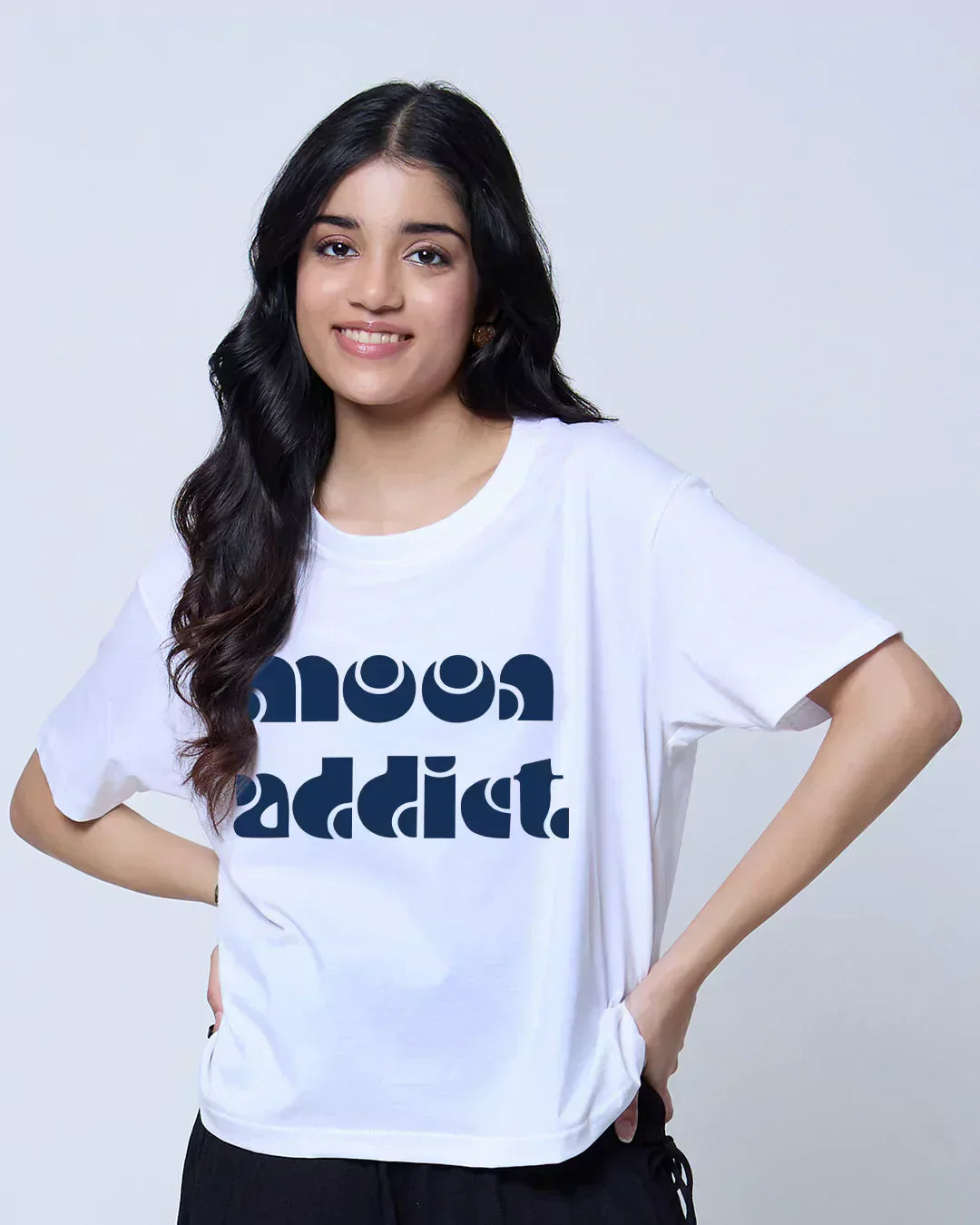Moon Addict Boxy Oversize T-Shirt – white Boxy OS Minimal tee with navy Moon Addict graphic, worn by model