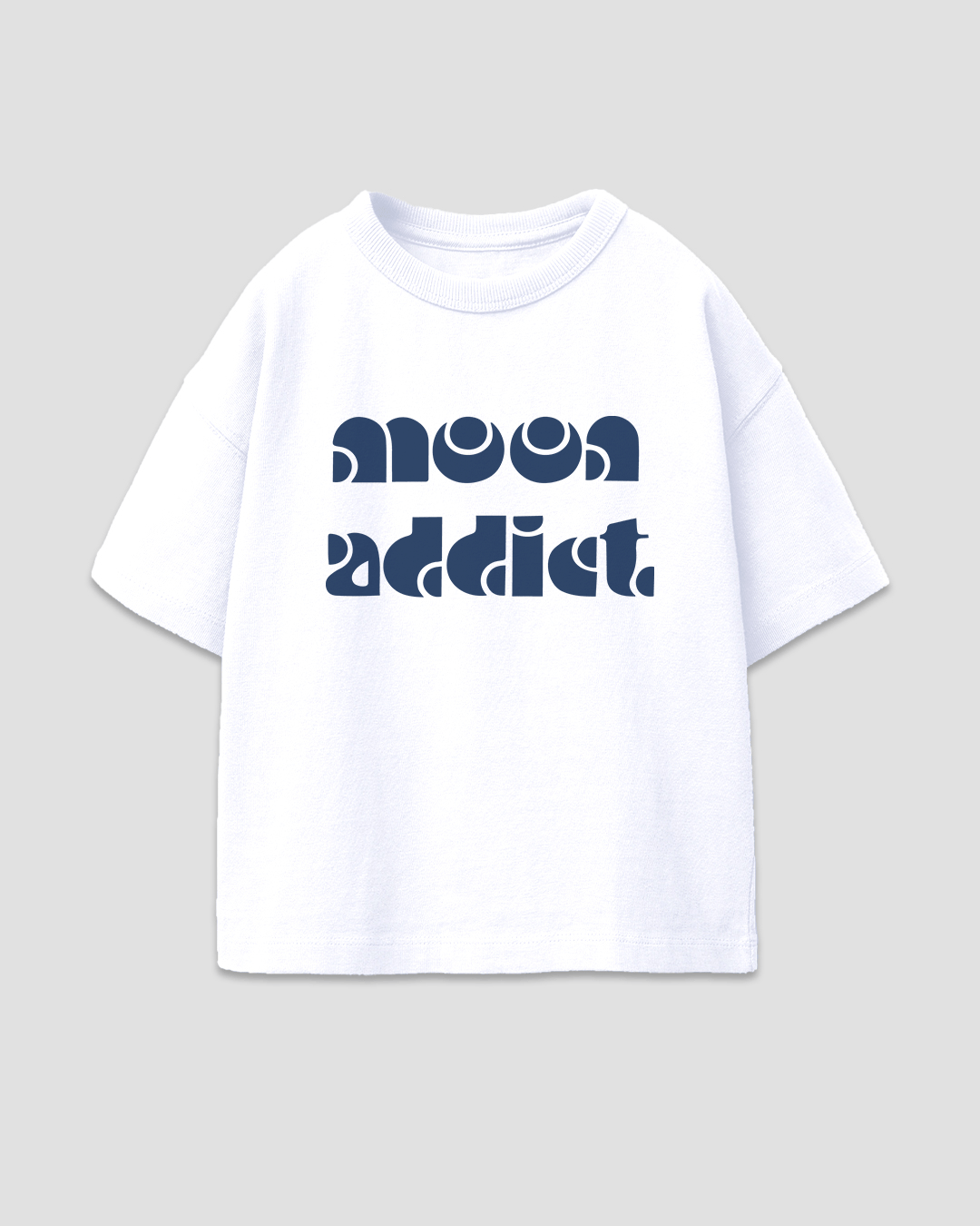 Moon Addict Boxy Oversize T-Shirt - white tee with navy moon addict graphic, shown flat lay