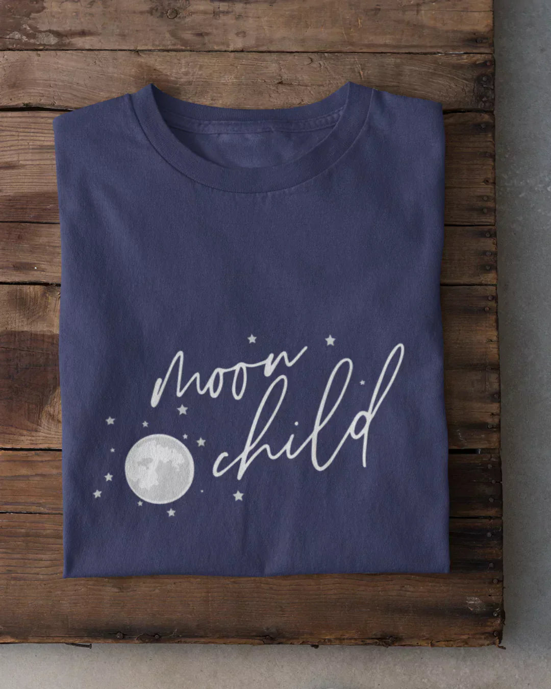 Moon Child T-Shirt - navy blue regular tee with white moon and stars graphic