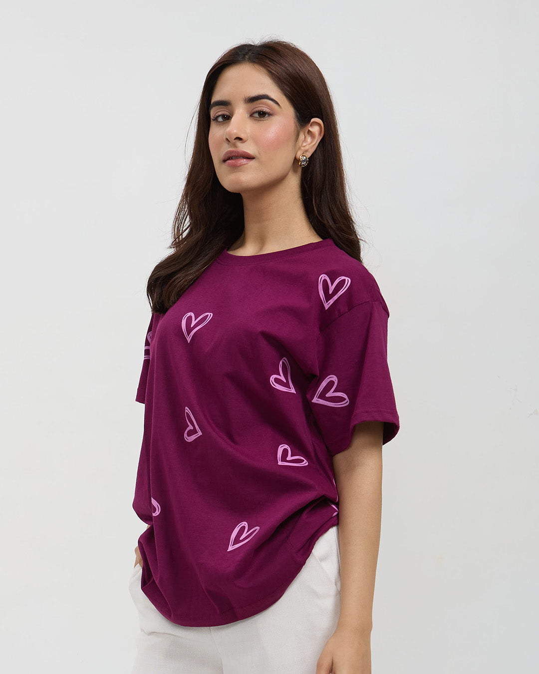 Mulberry Lover Oversized T-Shirt – mulberry purple oversized tee with pink heart outlines, worn by model