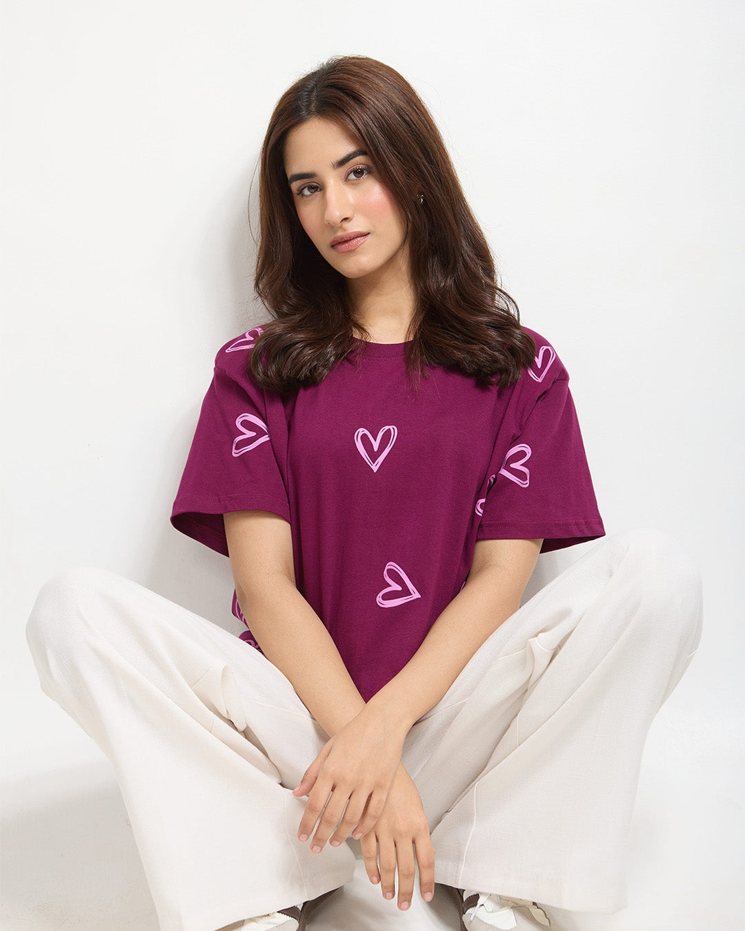 Mulberry Lover Oversized T-Shirt - magenta with pink heart prints, oversized fit, worn by model