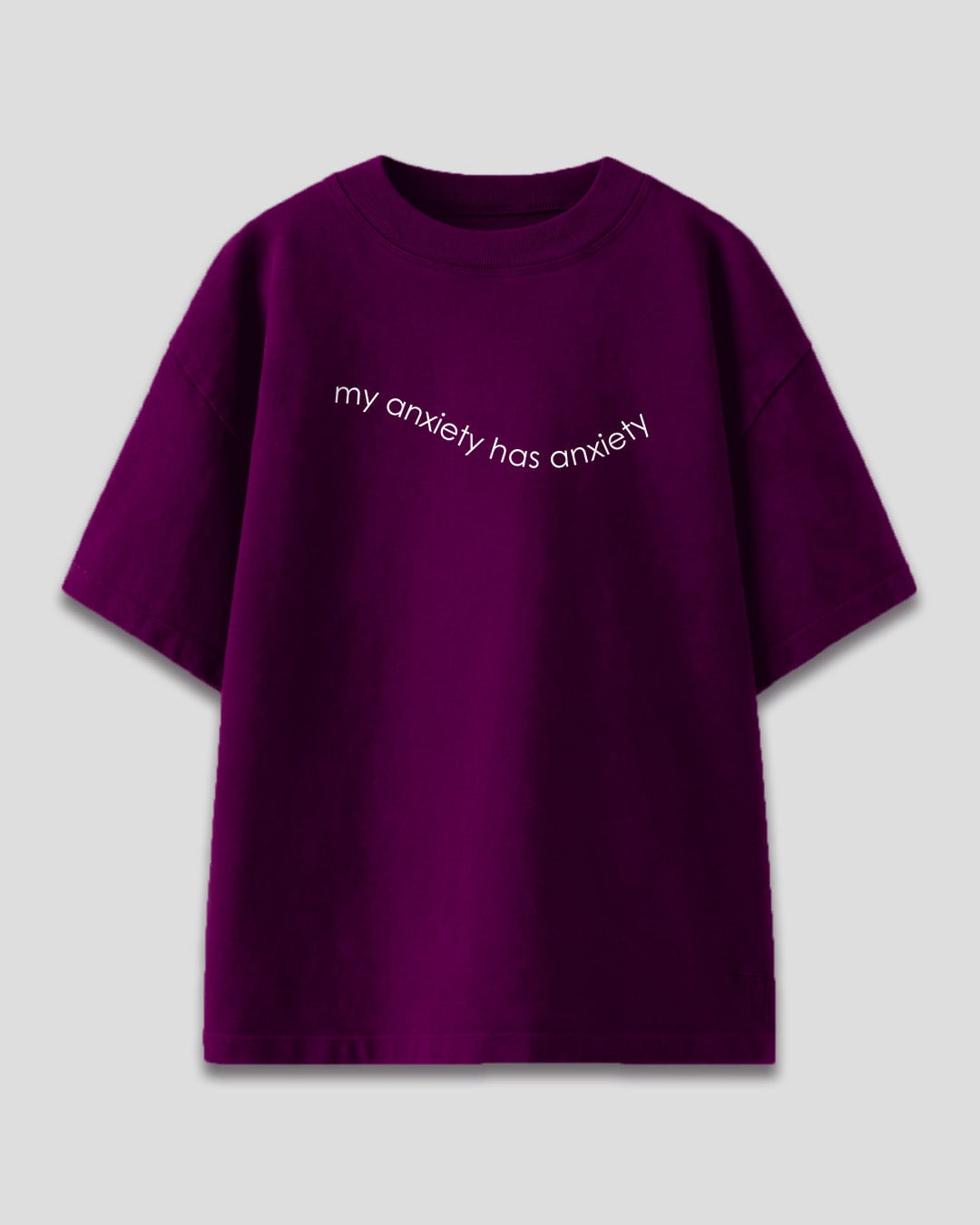 Mulberry My Anxiety Has Anxiety Oversized T-Shirt - purple oversized OS Minimal tee with curved text, shown in flat lay