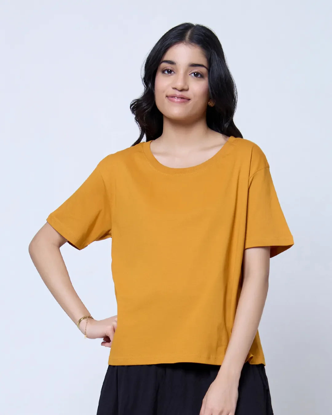Mustard Plain Boxy Oversize T-Shirt – mustard color, oversized boxy fit, worn by model