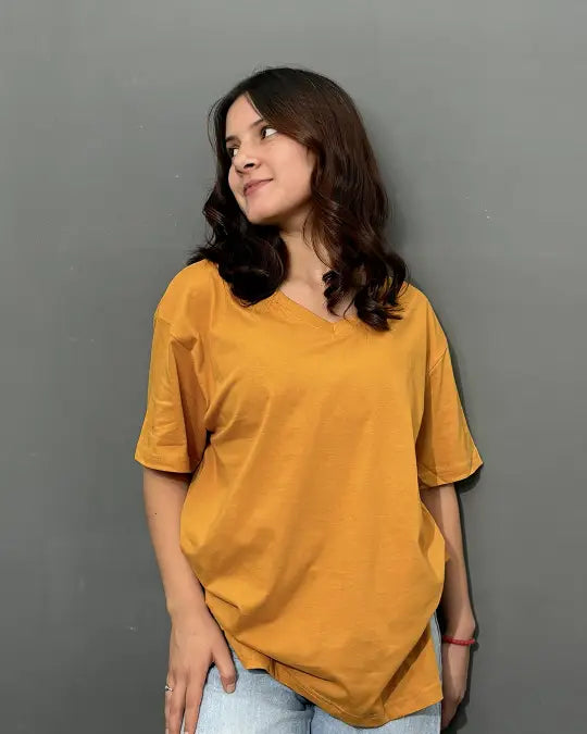 Mustard Plain V-Neck Oversized T-Shirt – relaxed short-sleeve fit, worn by model