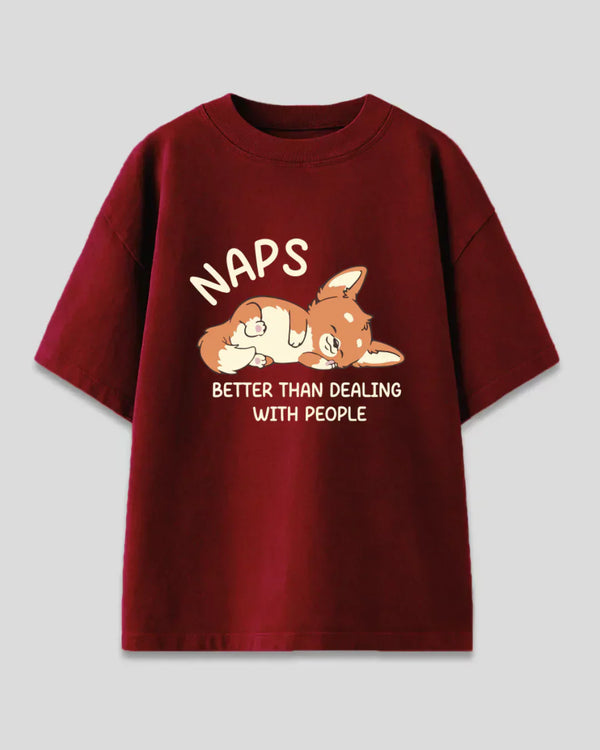Naps Oversized T-Shirt – burgundy DKY graphic tee with sleeping fox illustration, shown in flat lay